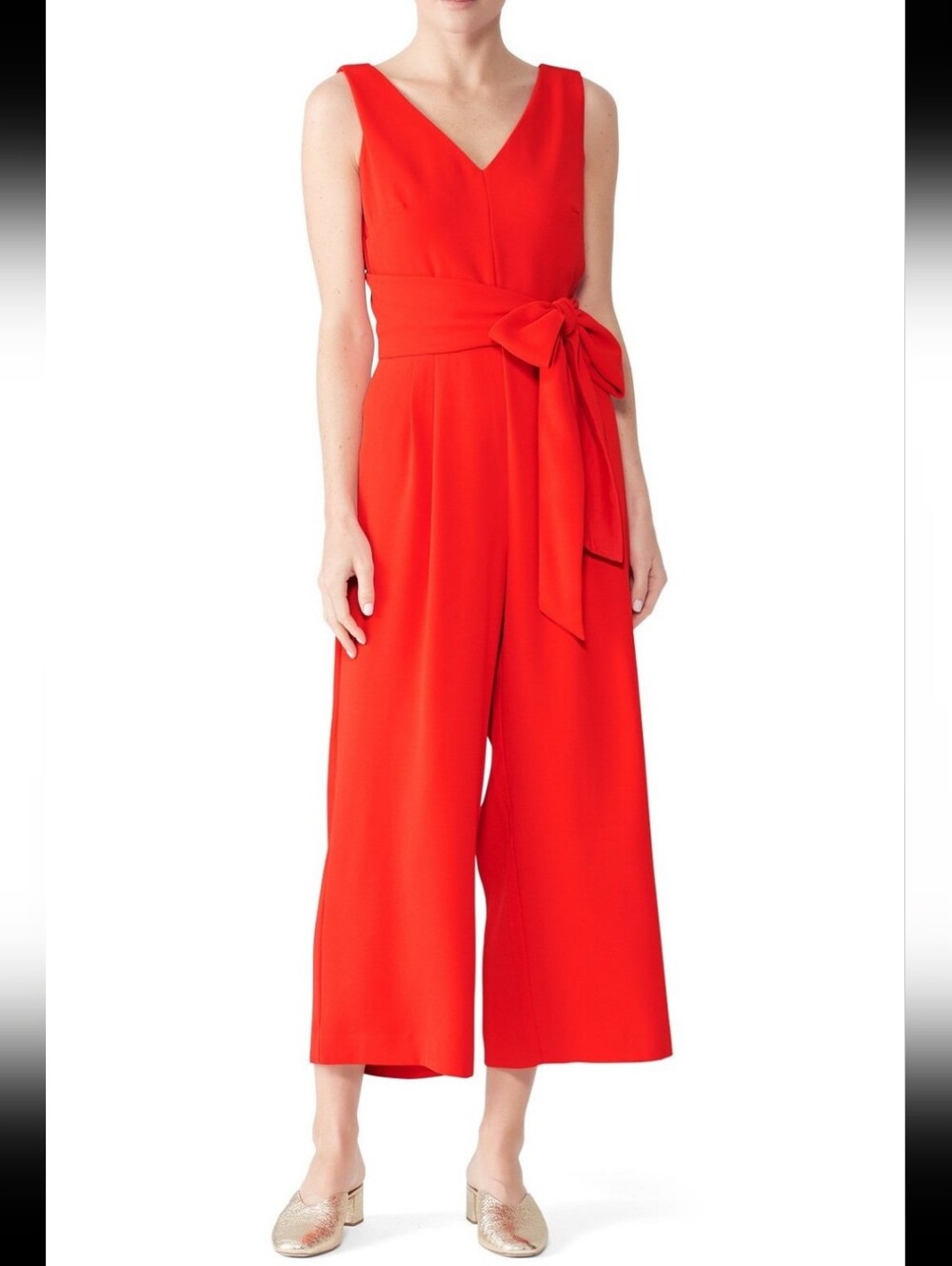 J Crew Cerise Cherry Red Sleeveless V Neck Tie Waist Wide Leg Jumpsuit 2